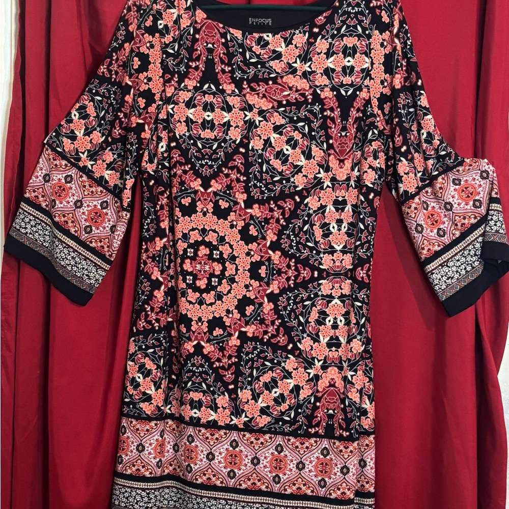 Patterned Floral Midi Dress with Bell Sleeves